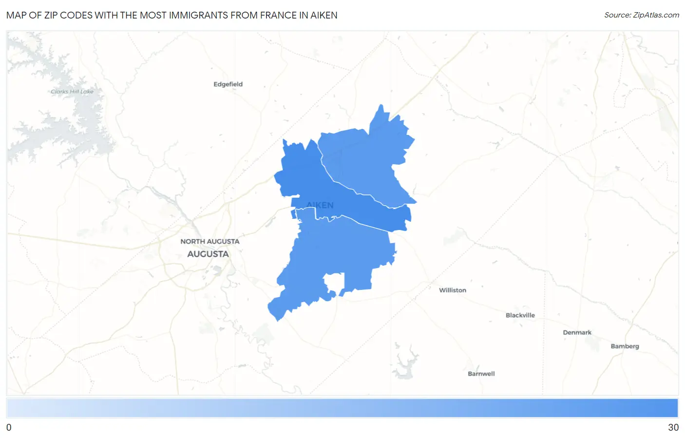 Zip Codes with the Most Immigrants from France in Aiken Map