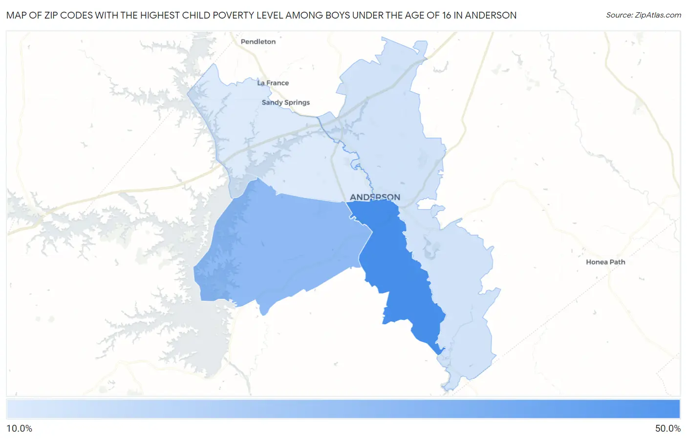 Zip Codes with the Highest Child Poverty Level Among Boys Under the Age of 16 in Anderson Map