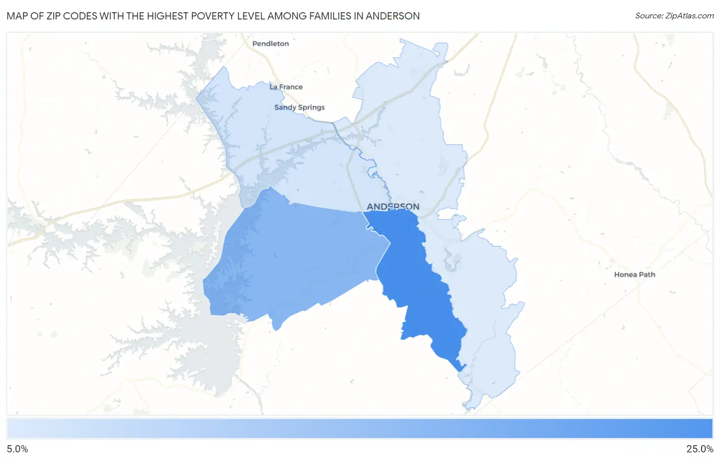 Zip Codes with the Highest Poverty Level Among Families in Anderson Map