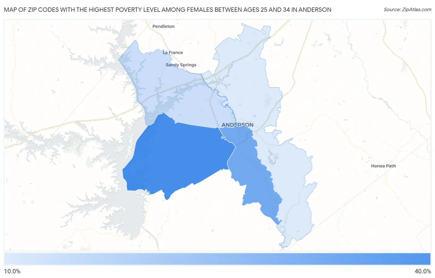 Zip Codes with the Highest Poverty Level Among Females Between Ages 25 and 34 in Anderson Map