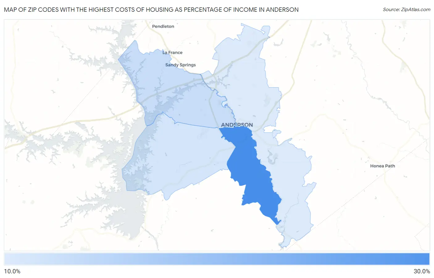 Zip Codes with the Highest Costs of Housing as Percentage of Income in Anderson Map