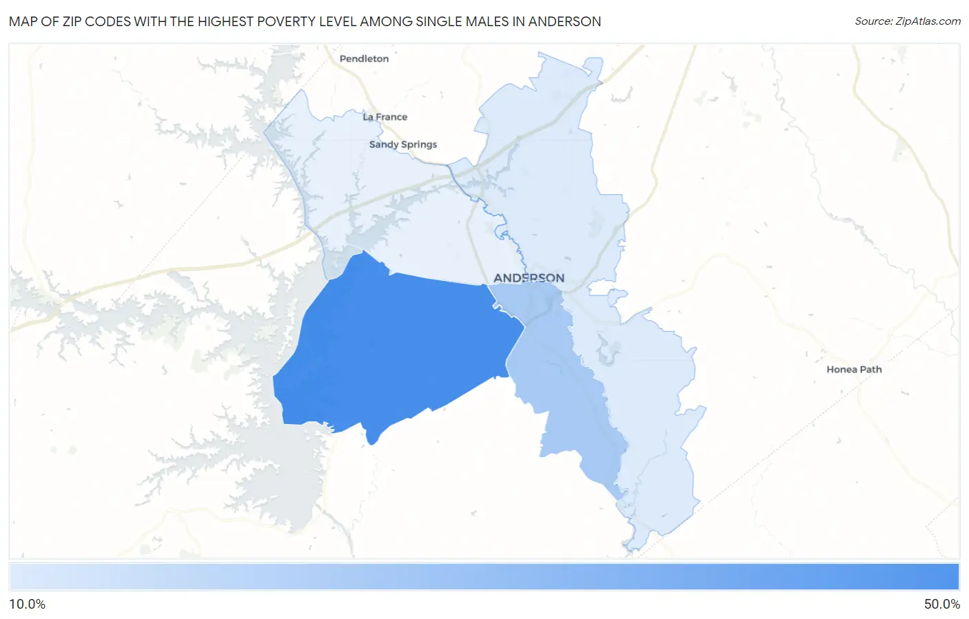 Zip Codes with the Highest Poverty Level Among Single Males in Anderson Map