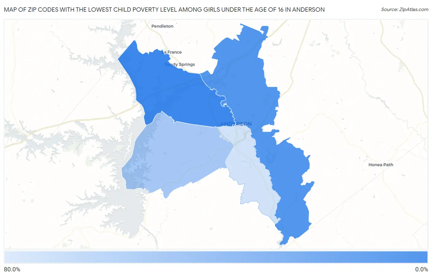 Zip Codes with the Lowest Child Poverty Level Among Girls Under the Age of 16 in Anderson Map
