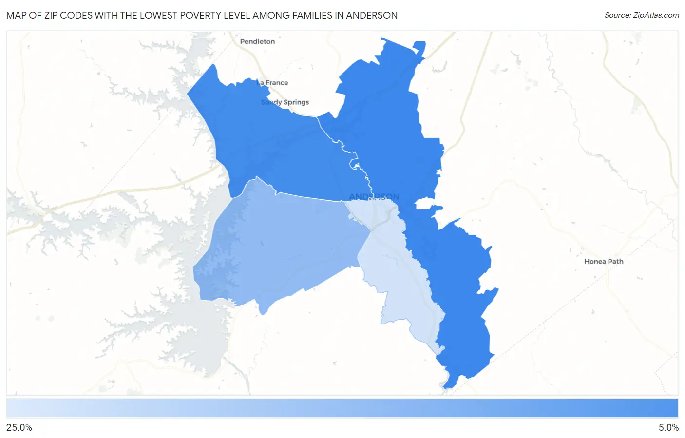 Zip Codes with the Lowest Poverty Level Among Families in Anderson Map