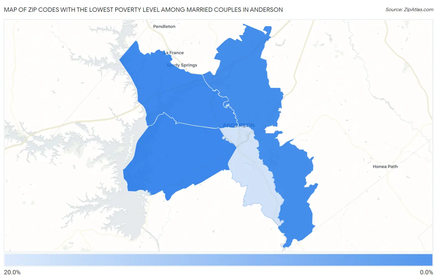 Zip Codes with the Lowest Poverty Level Among Married Couples in Anderson Map