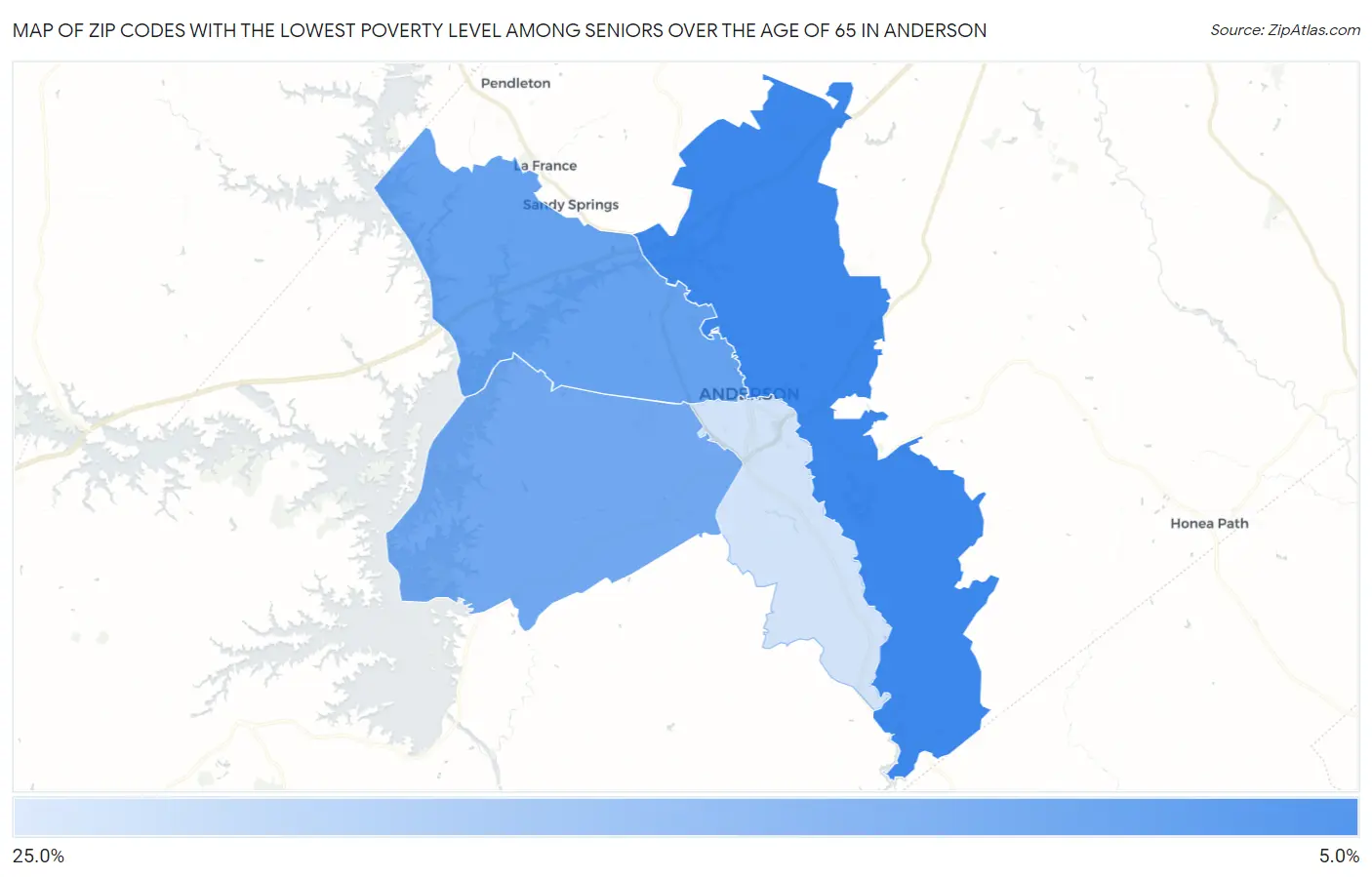 Zip Codes with the Lowest Poverty Level Among Seniors Over the Age of 65 in Anderson Map