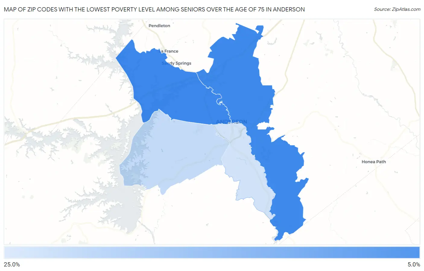 Zip Codes with the Lowest Poverty Level Among Seniors Over the Age of 75 in Anderson Map