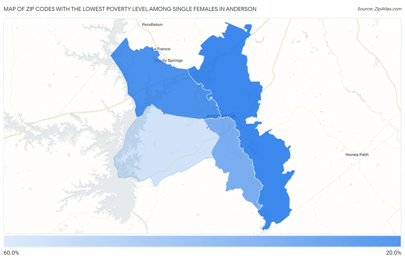 Zip Codes with the Lowest Poverty Level Among Single Females in Anderson Map