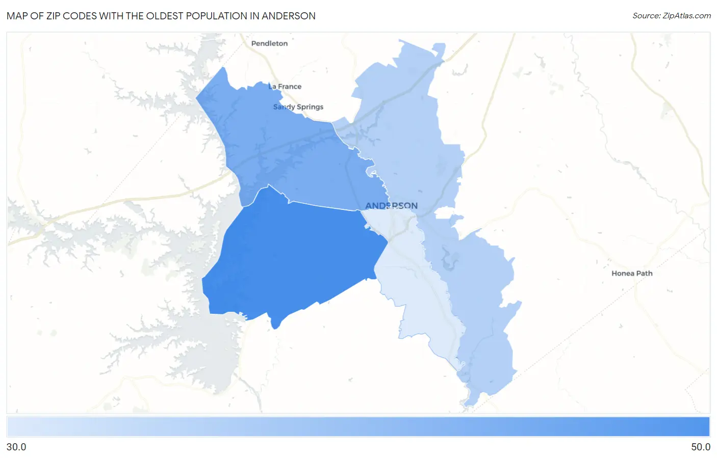 Zip Codes with the Oldest Population in Anderson Map