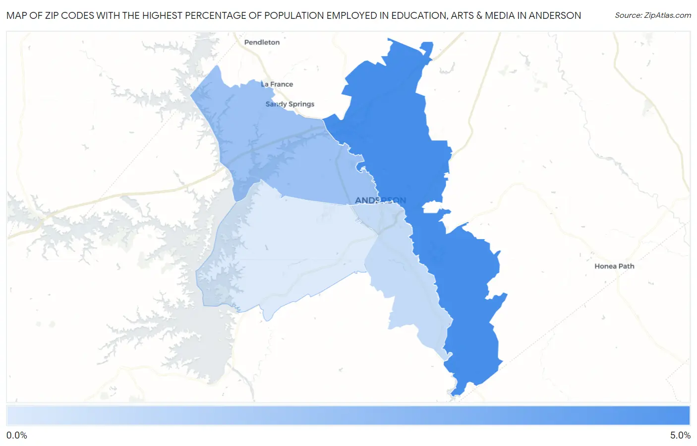 Zip Codes with the Highest Percentage of Population Employed in Education, Arts & Media in Anderson Map