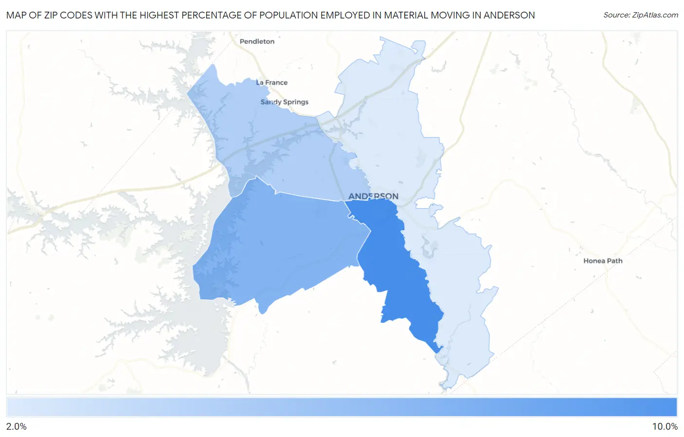 Zip Codes with the Highest Percentage of Population Employed in Material Moving in Anderson Map