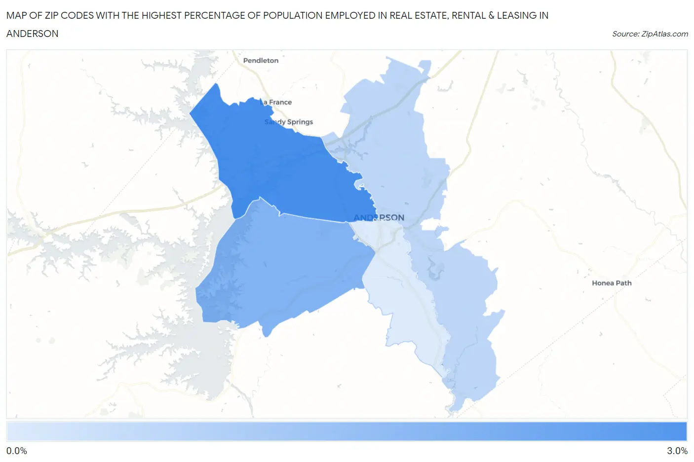 Zip Codes with the Highest Percentage of Population Employed in Real Estate, Rental & Leasing in Anderson Map