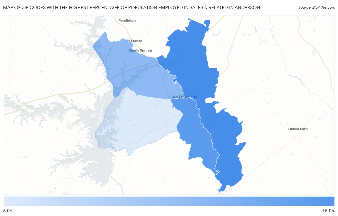 Zip Codes with the Highest Percentage of Population Employed in Sales & Related in Anderson Map