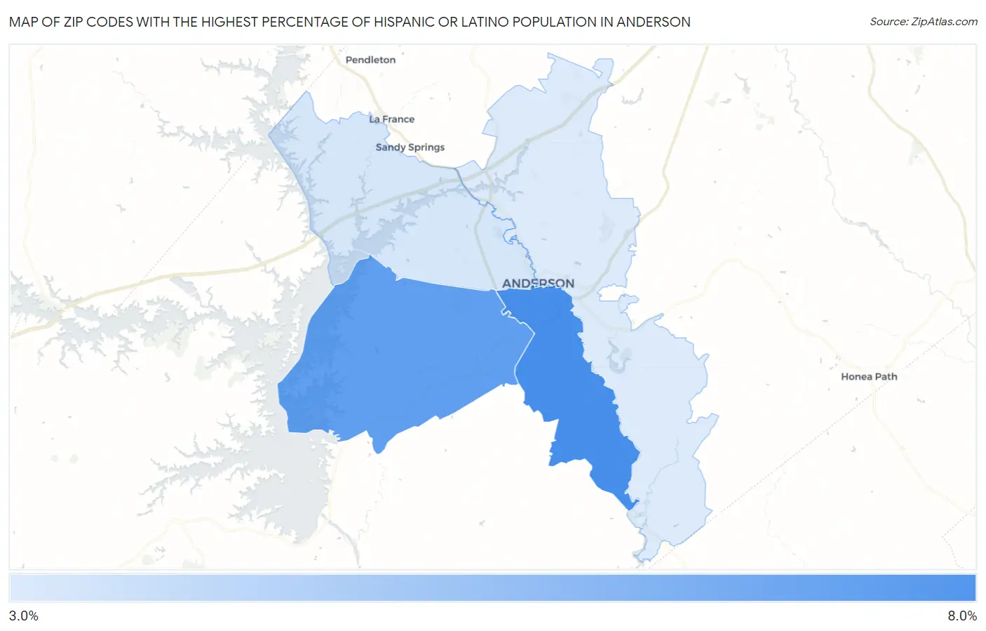 Zip Codes with the Highest Percentage of Hispanic or Latino Population in Anderson Map