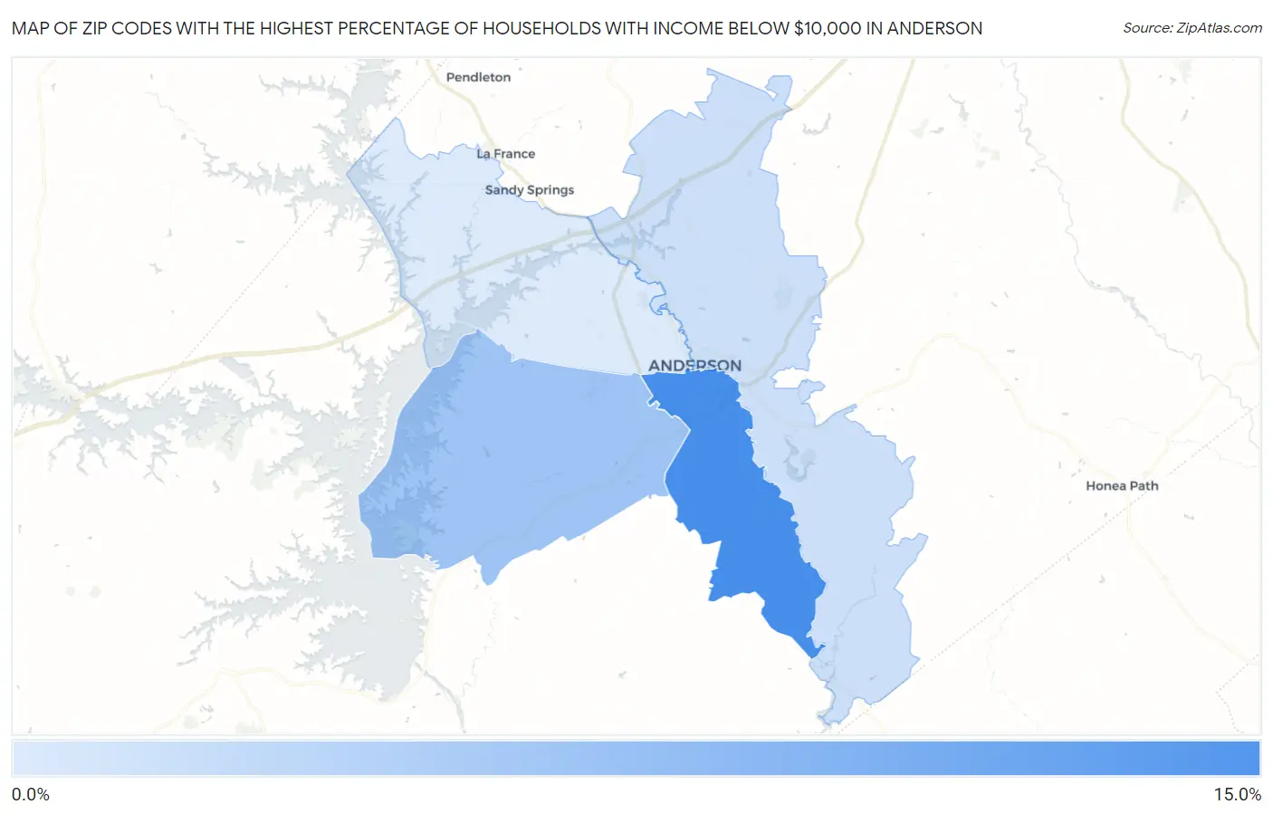Zip Codes with the Highest Percentage of Households with Income Below $10,000 in Anderson Map