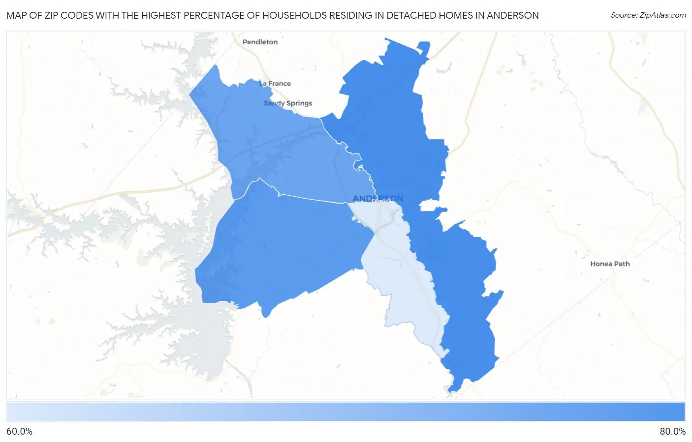 Zip Codes with the Highest Percentage of Households Residing in Detached Homes in Anderson Map