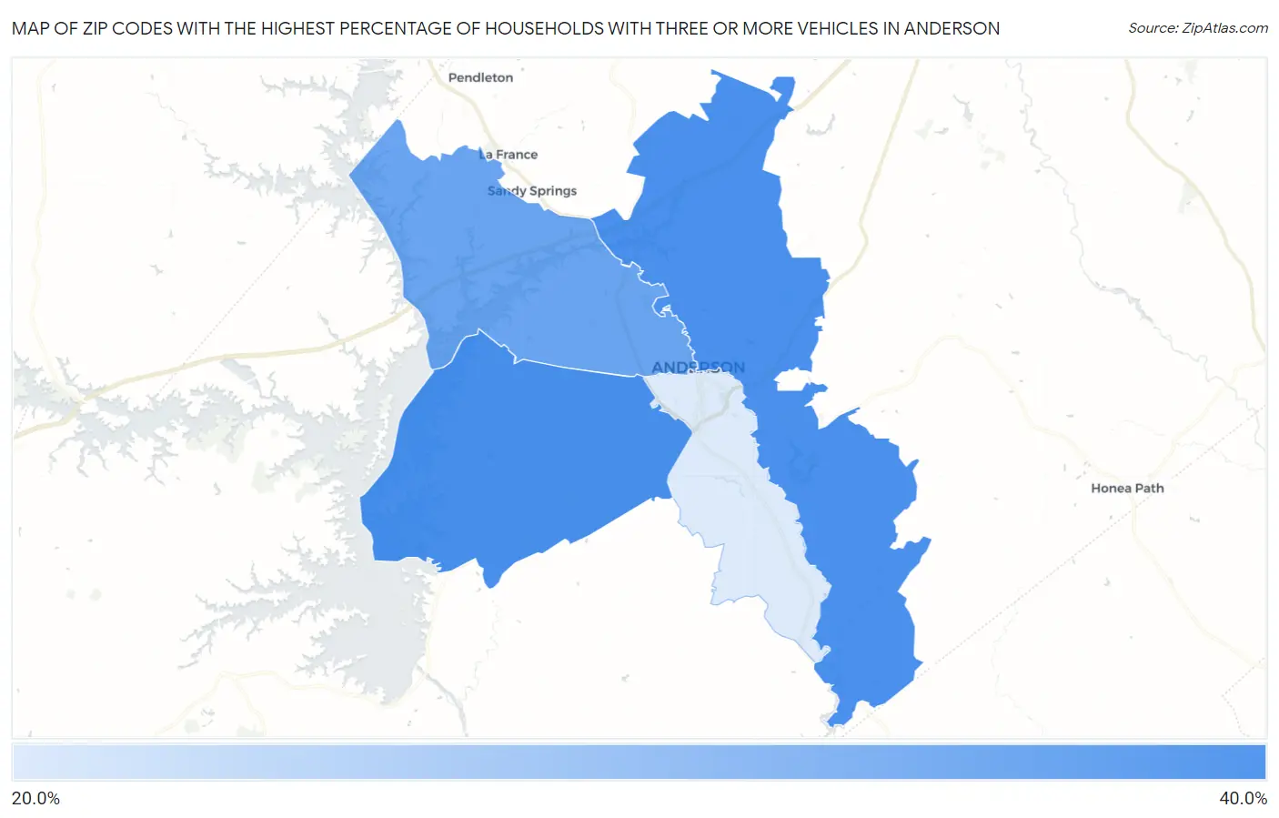 Zip Codes with the Highest Percentage of Households With Three or more Vehicles in Anderson Map