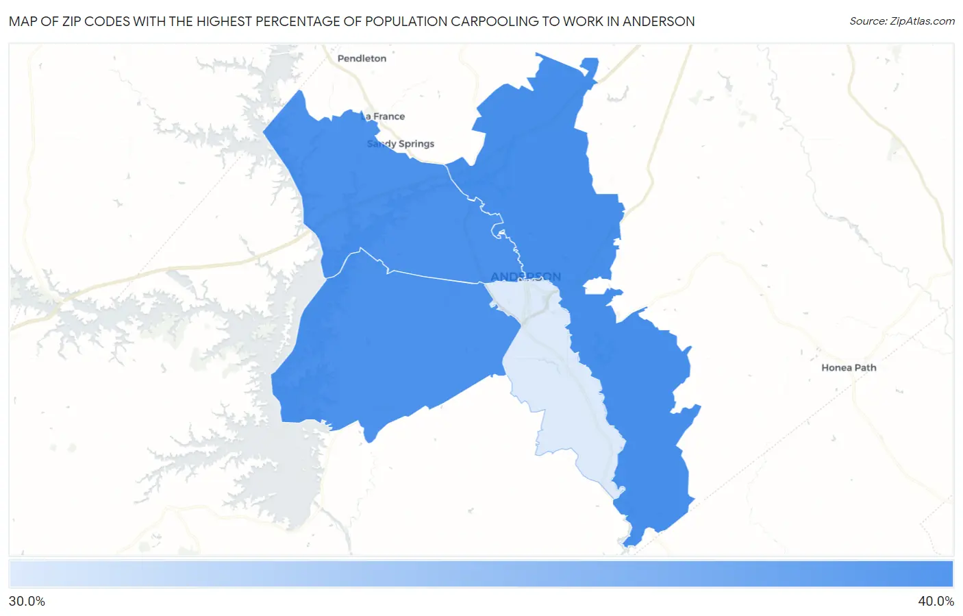 Zip Codes with the Highest Percentage of Population Carpooling to Work in Anderson Map