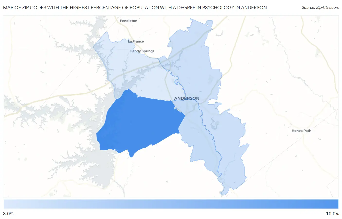 Zip Codes with the Highest Percentage of Population with a Degree in Psychology in Anderson Map