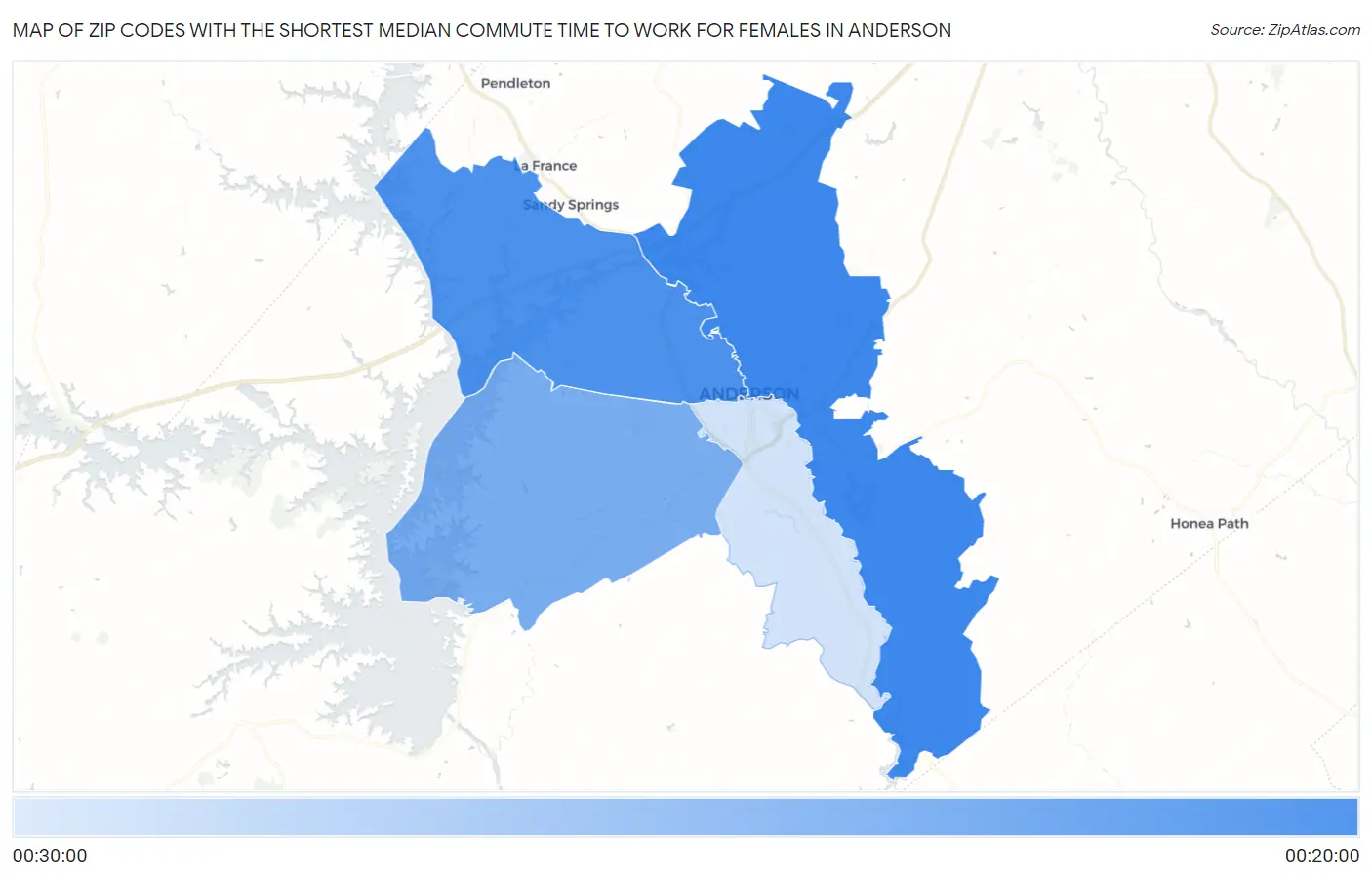 Zip Codes with the Shortest Median Commute Time to Work for Females in Anderson Map