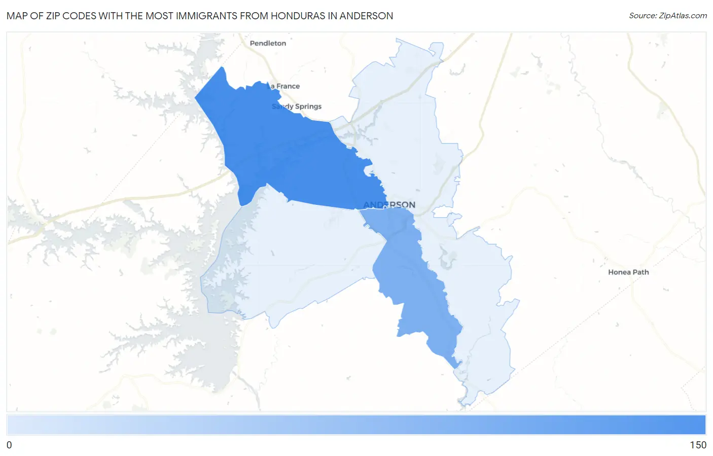Zip Codes with the Most Immigrants from Honduras in Anderson Map