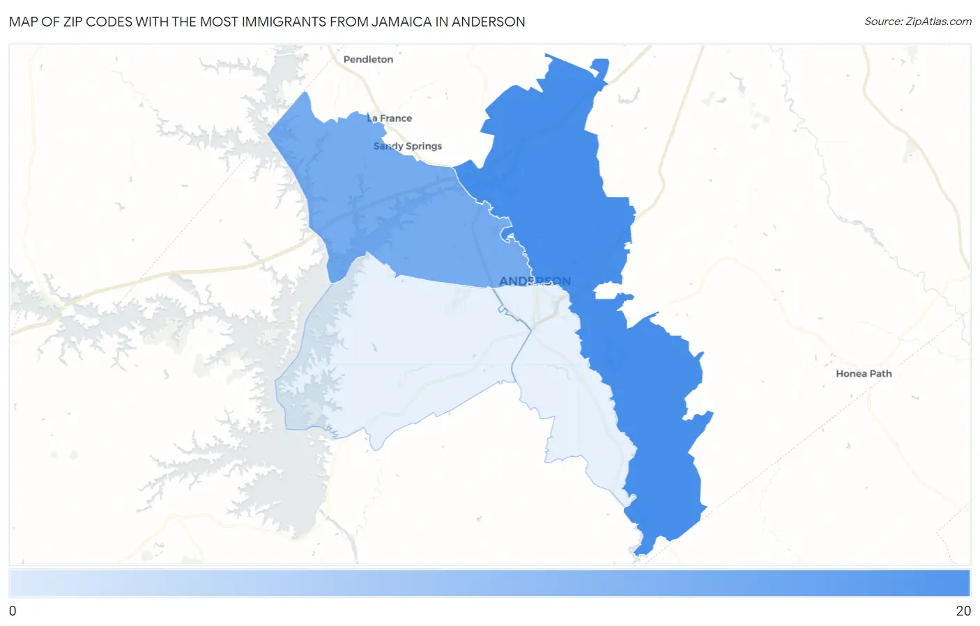 Zip Codes with the Most Immigrants from Jamaica in Anderson Map
