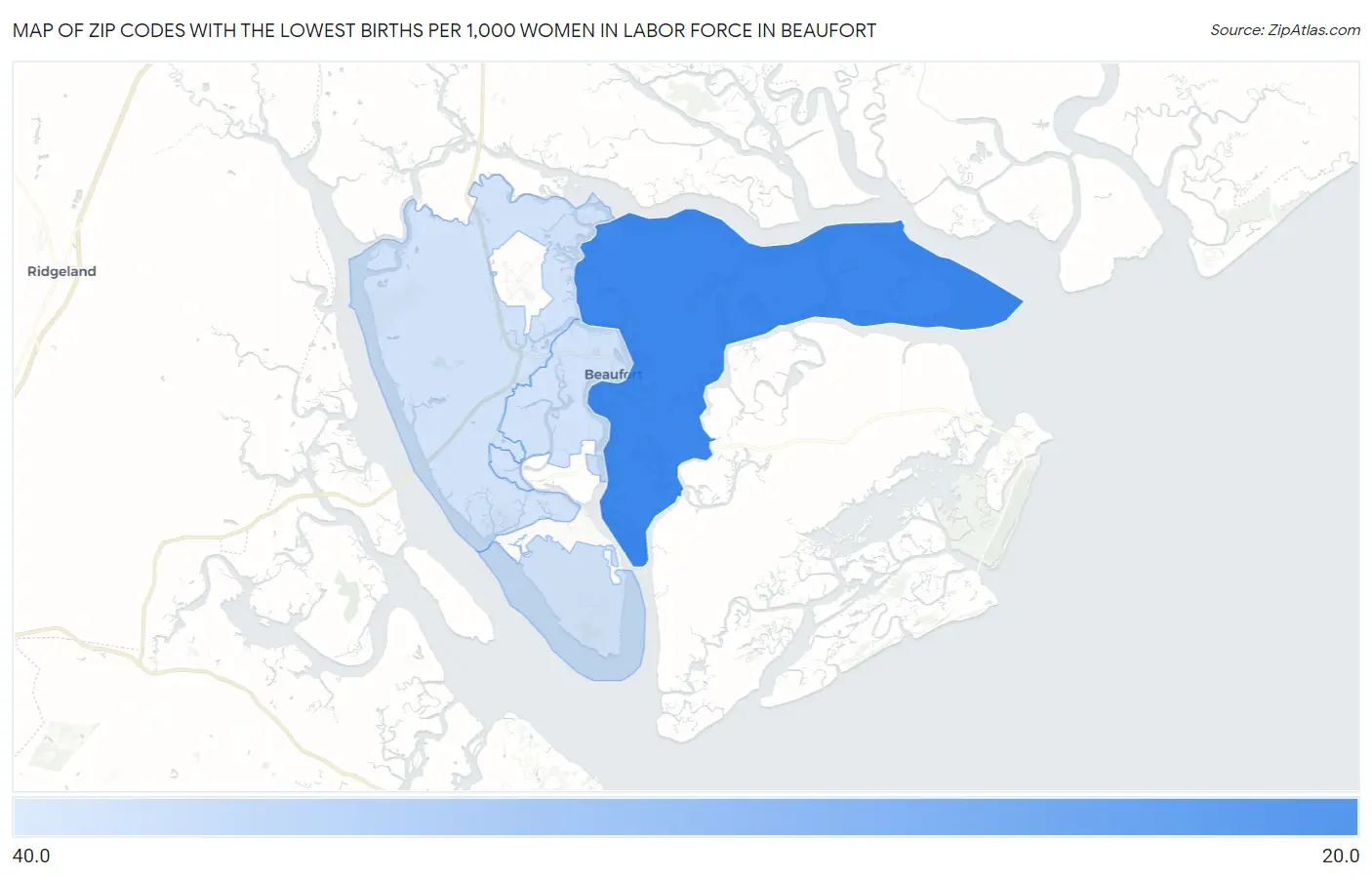 Zip Codes with the Lowest Births per 1,000 Women in Labor Force in Beaufort Map