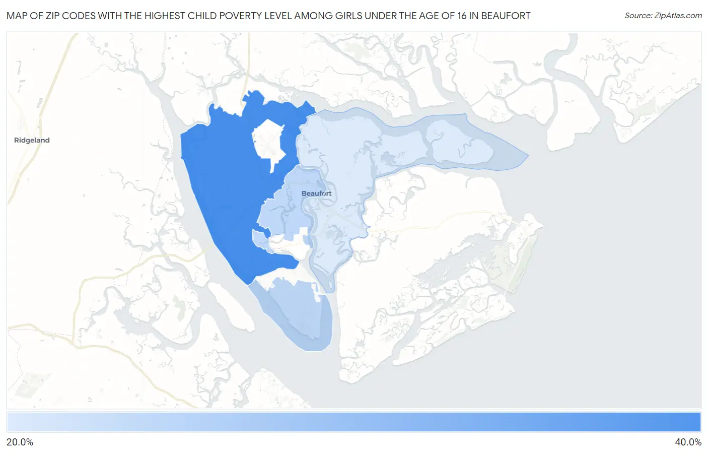 Zip Codes with the Highest Child Poverty Level Among Girls Under the Age of 16 in Beaufort Map