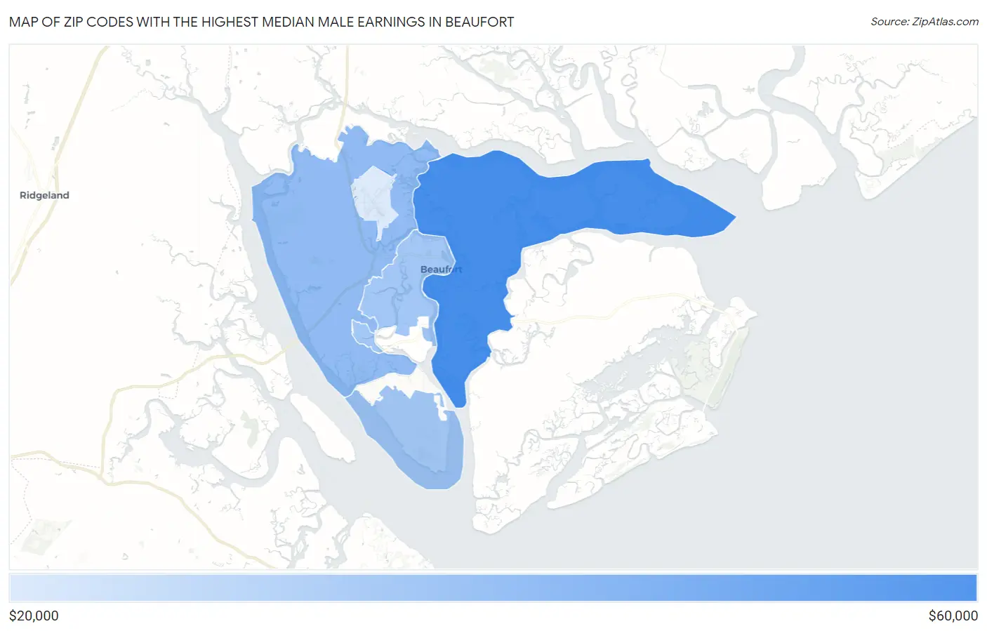 Zip Codes with the Highest Median Male Earnings in Beaufort Map