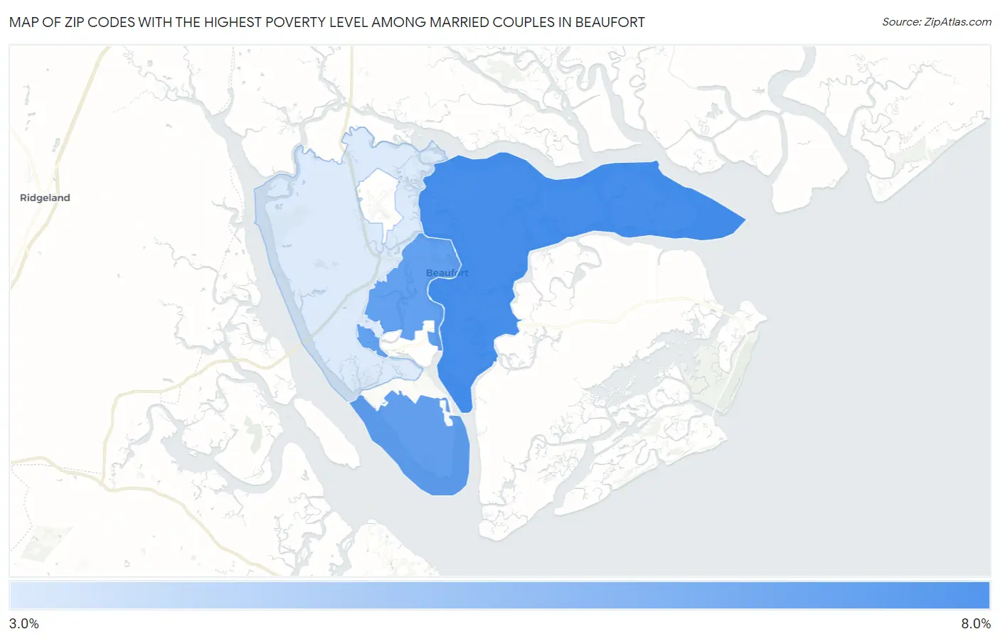 Zip Codes with the Highest Poverty Level Among Married Couples in Beaufort Map