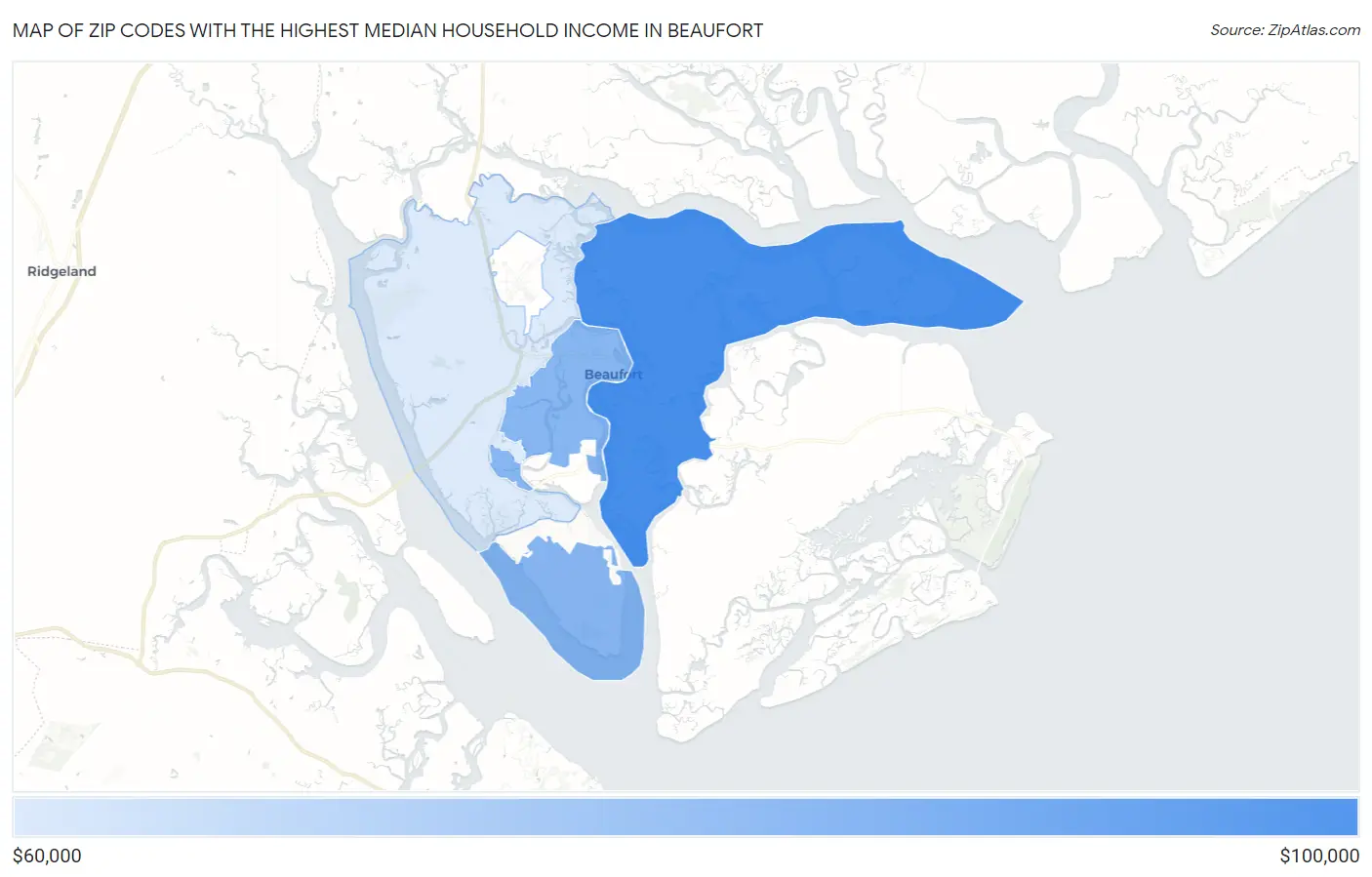 Zip Codes with the Highest Median Household Income in Beaufort Map