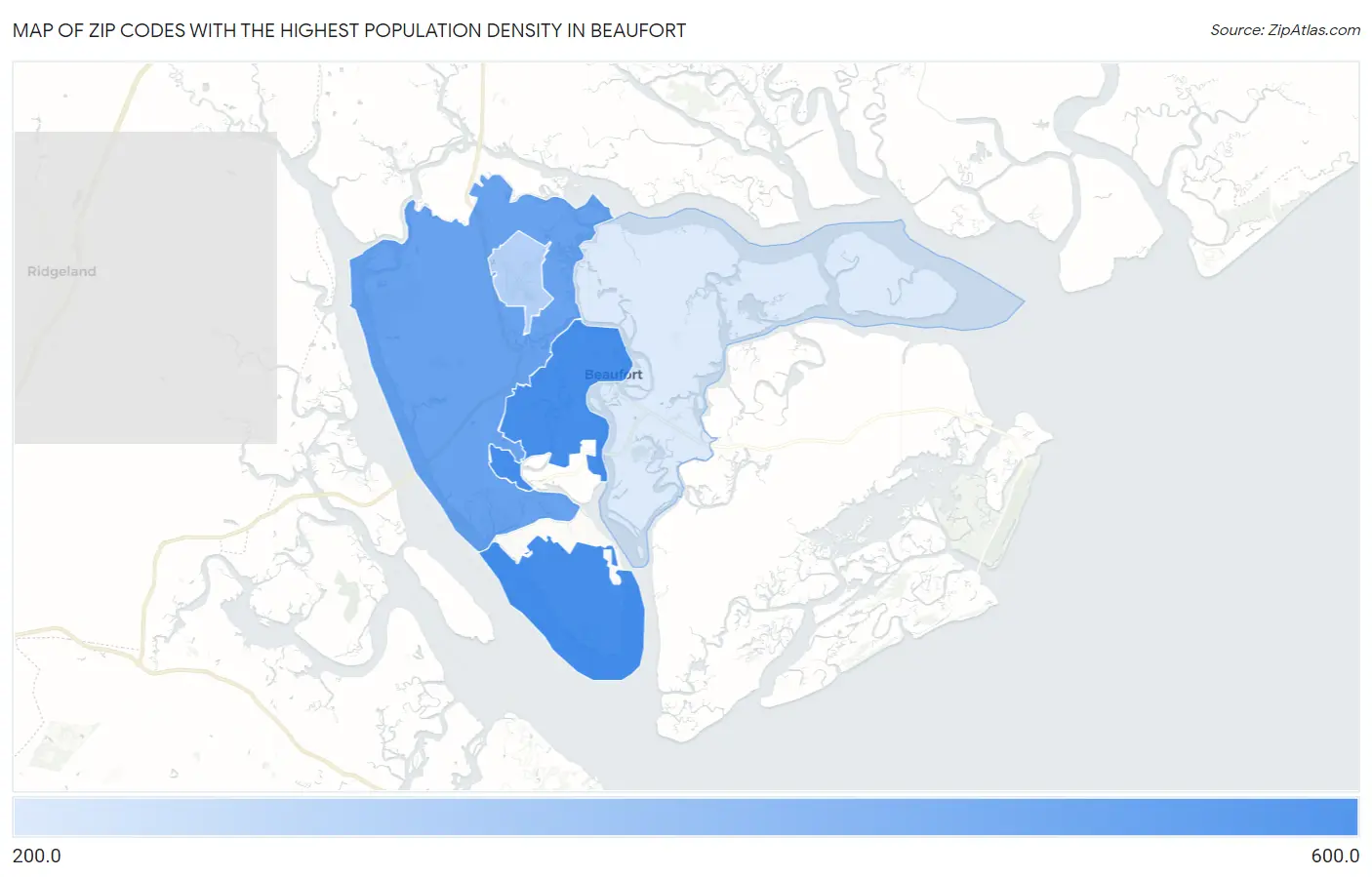 Zip Codes with the Highest Population Density in Beaufort Map