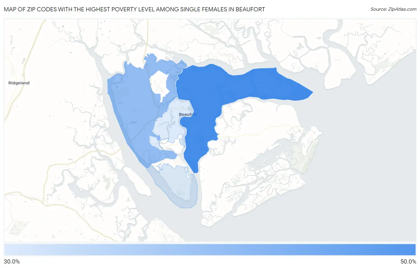Zip Codes with the Highest Poverty Level Among Single Females in Beaufort Map