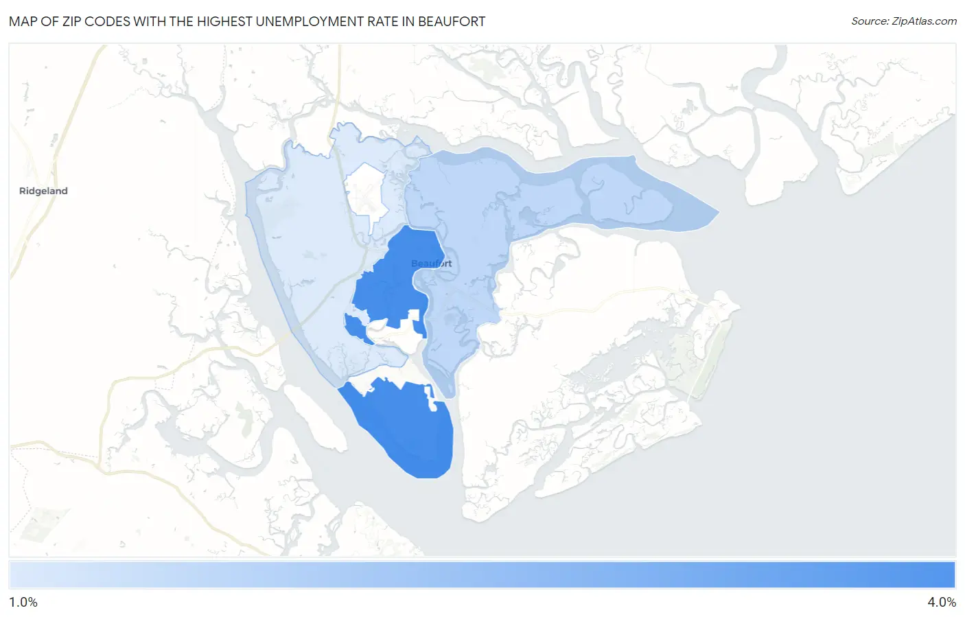 Zip Codes with the Highest Unemployment Rate in Beaufort Map
