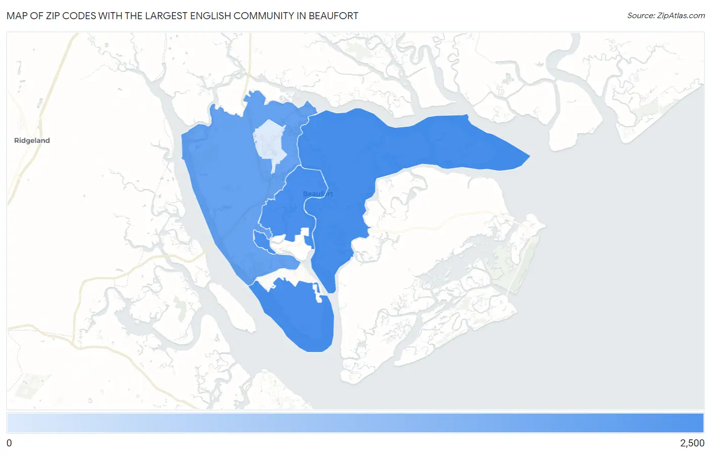 Zip Codes with the Largest English Community in Beaufort Map