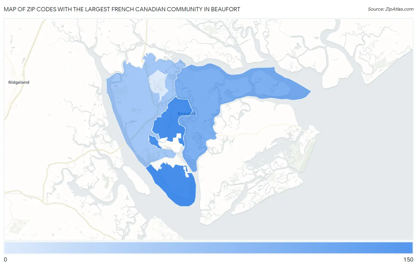 Zip Codes with the Largest French Canadian Community in Beaufort Map