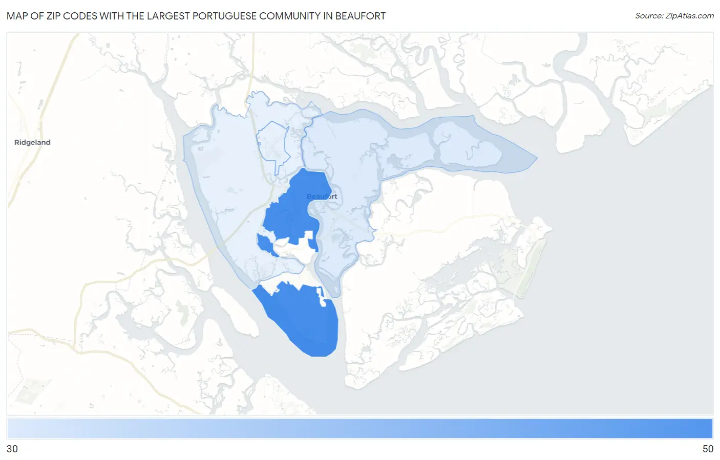 Zip Codes with the Largest Portuguese Community in Beaufort Map