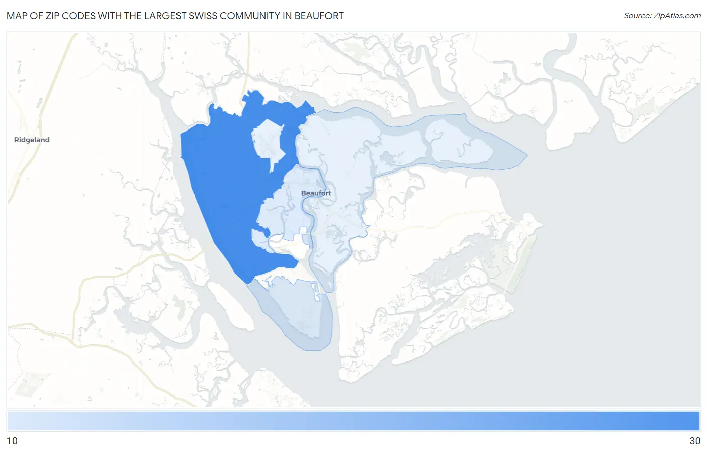 Zip Codes with the Largest Swiss Community in Beaufort Map