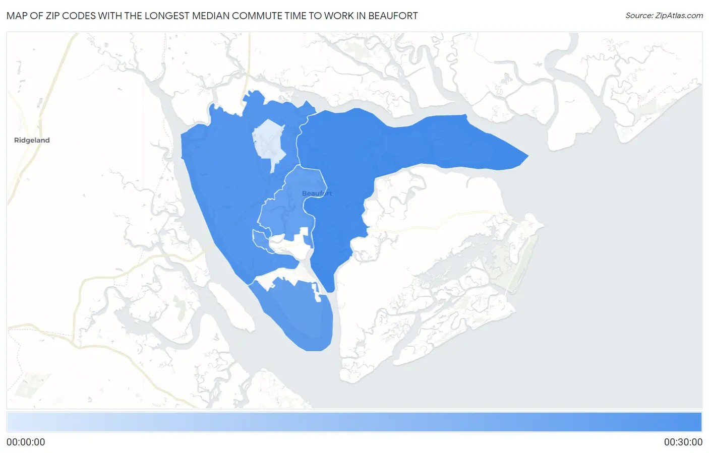 Zip Codes with the Longest Median Commute Time to Work in Beaufort Map