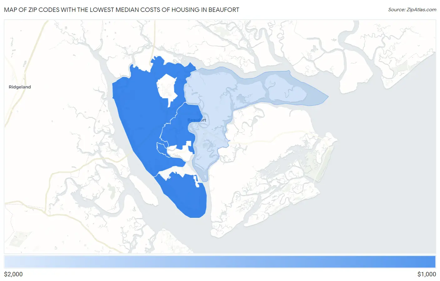 Zip Codes with the Lowest Median Costs of Housing in Beaufort Map