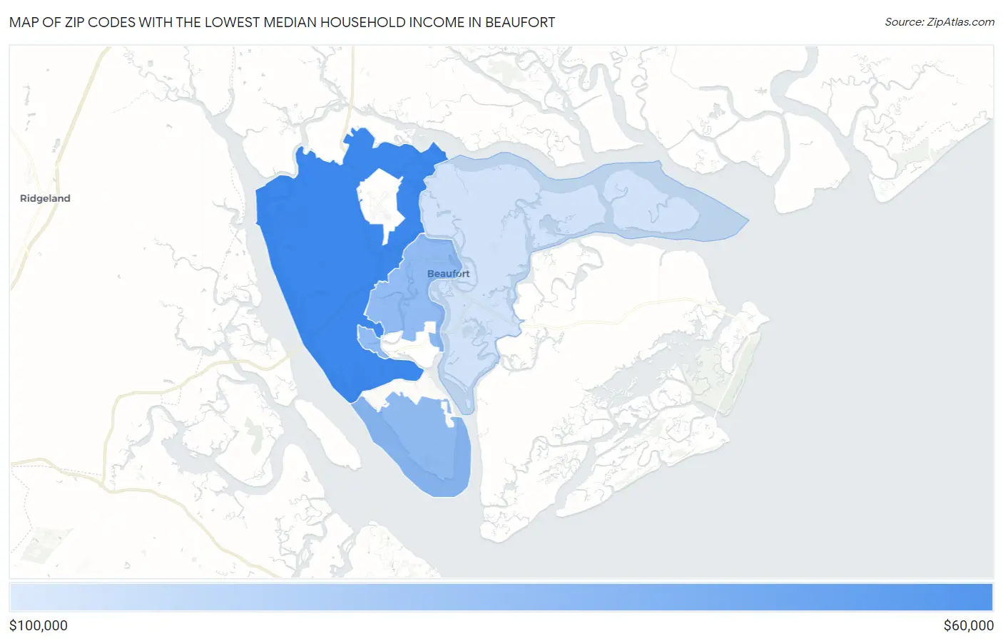 Zip Codes with the Lowest Median Household Income in Beaufort Map