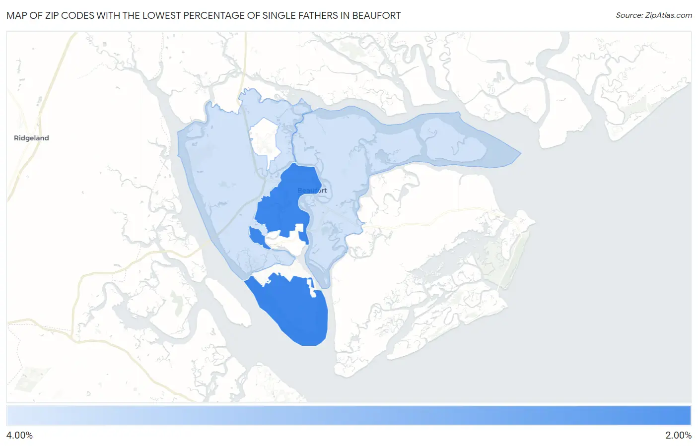 Zip Codes with the Lowest Percentage of Single Fathers in Beaufort Map