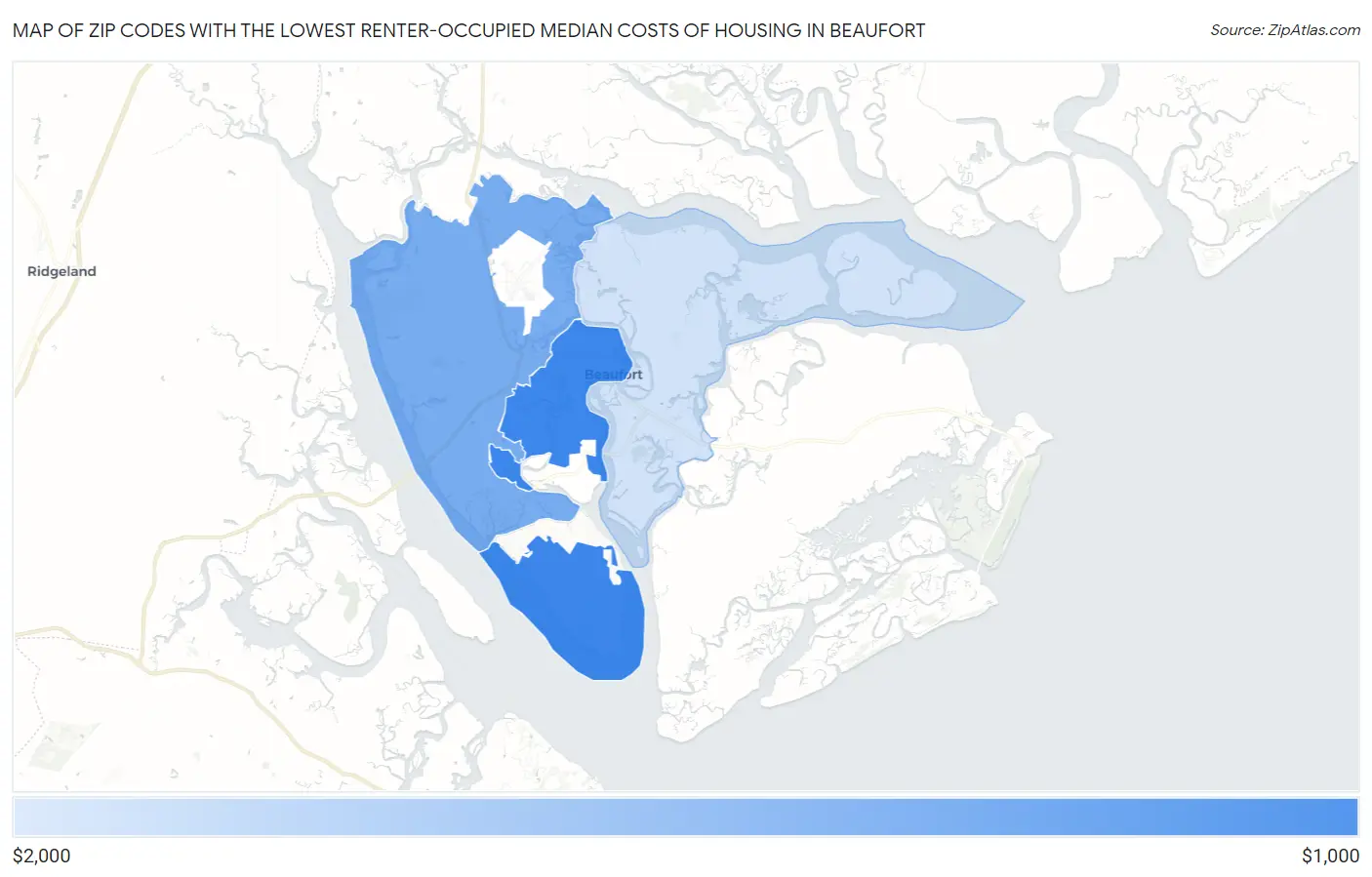 Zip Codes with the Lowest Renter-Occupied Median Costs of Housing in Beaufort Map