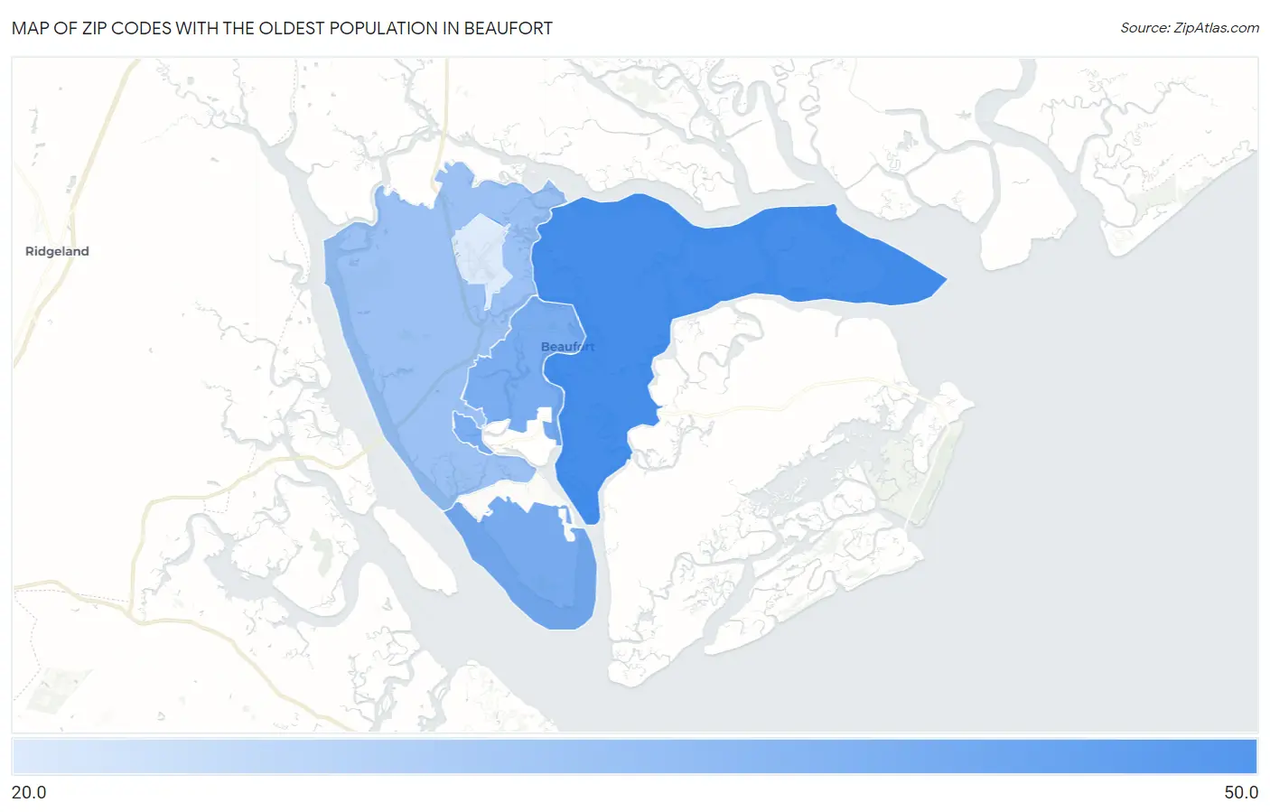 Zip Codes with the Oldest Population in Beaufort Map