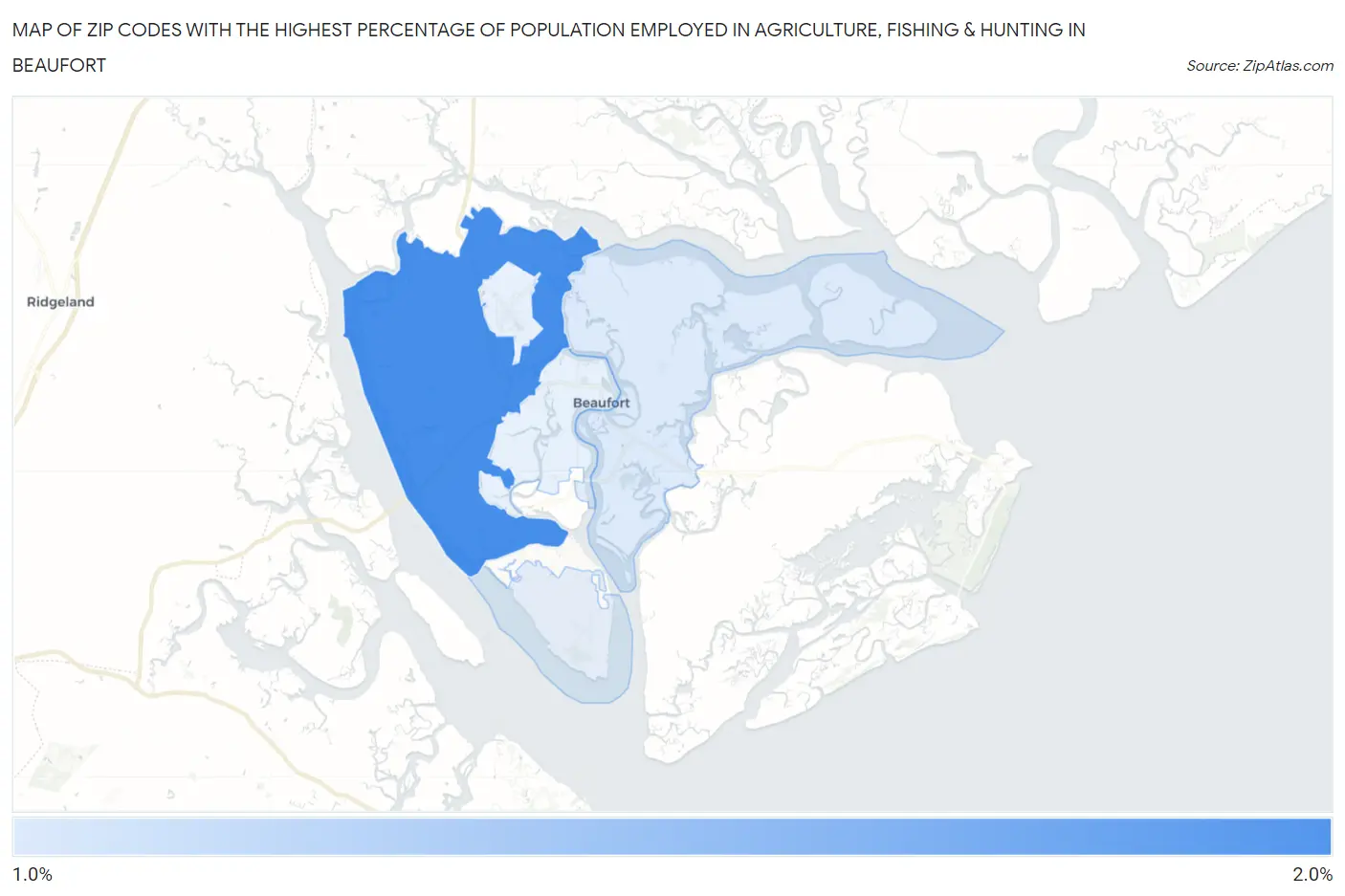 Zip Codes with the Highest Percentage of Population Employed in Agriculture, Fishing & Hunting in Beaufort Map