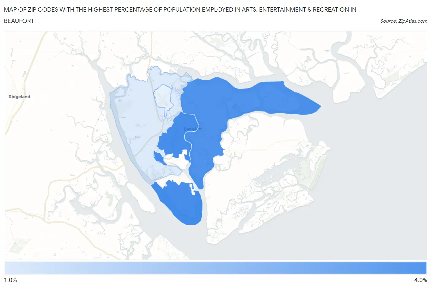 Zip Codes with the Highest Percentage of Population Employed in Arts, Entertainment & Recreation in Beaufort Map