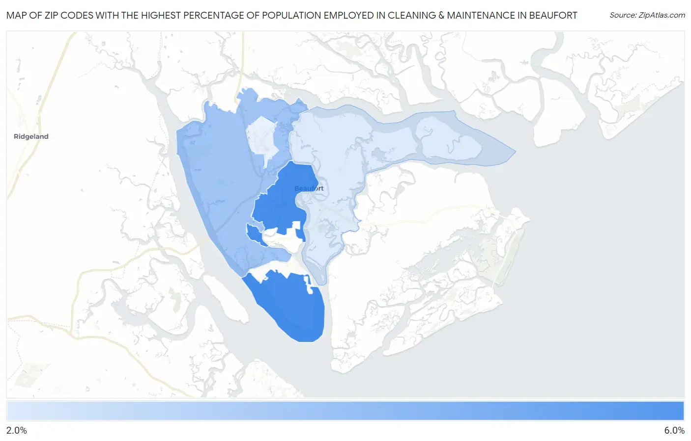 Zip Codes with the Highest Percentage of Population Employed in Cleaning & Maintenance in Beaufort Map