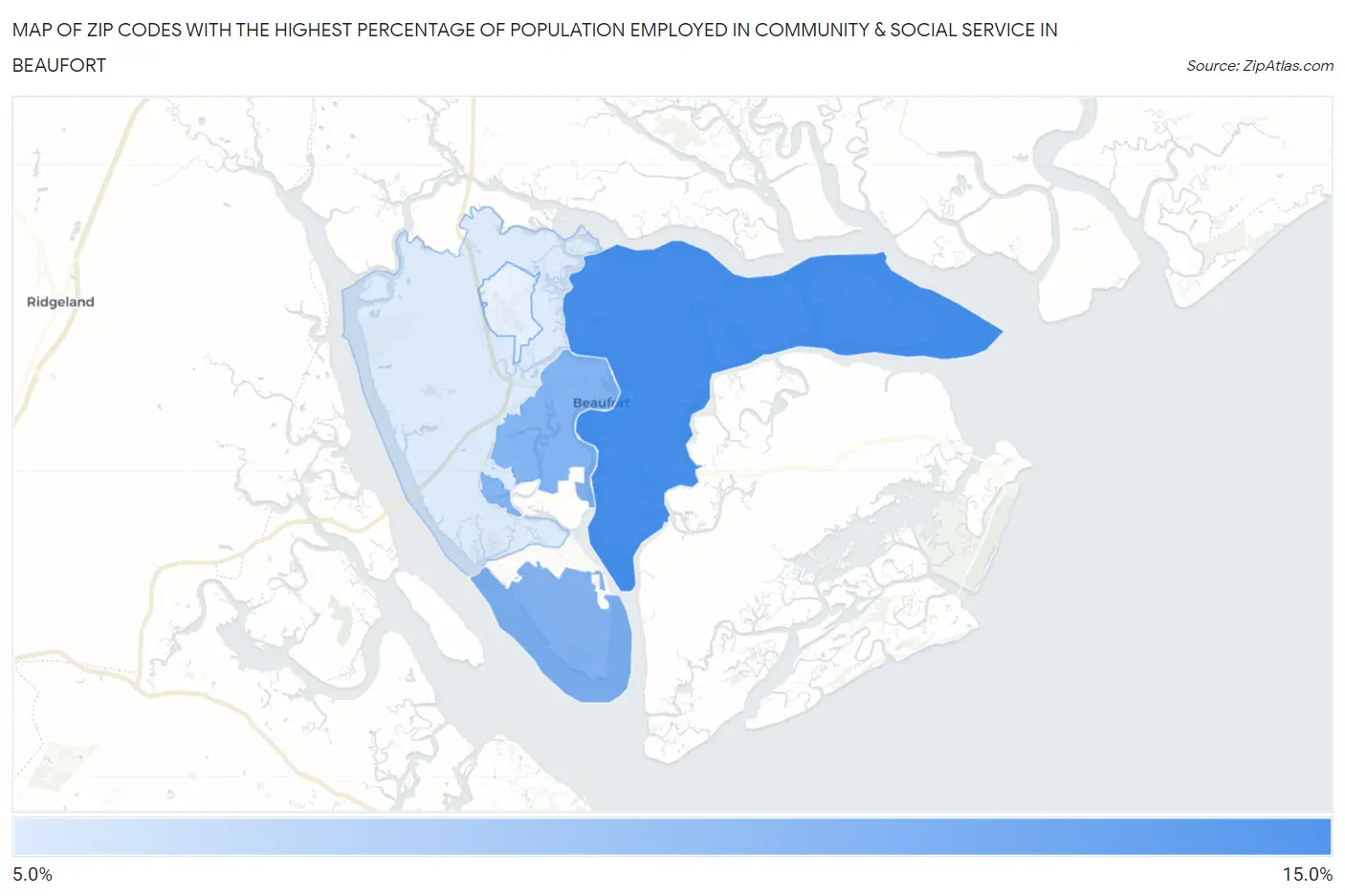 Zip Codes with the Highest Percentage of Population Employed in Community & Social Service  in Beaufort Map