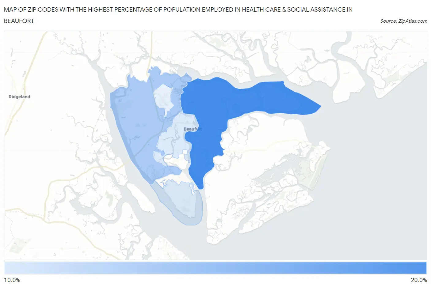 Zip Codes with the Highest Percentage of Population Employed in Health Care & Social Assistance in Beaufort Map