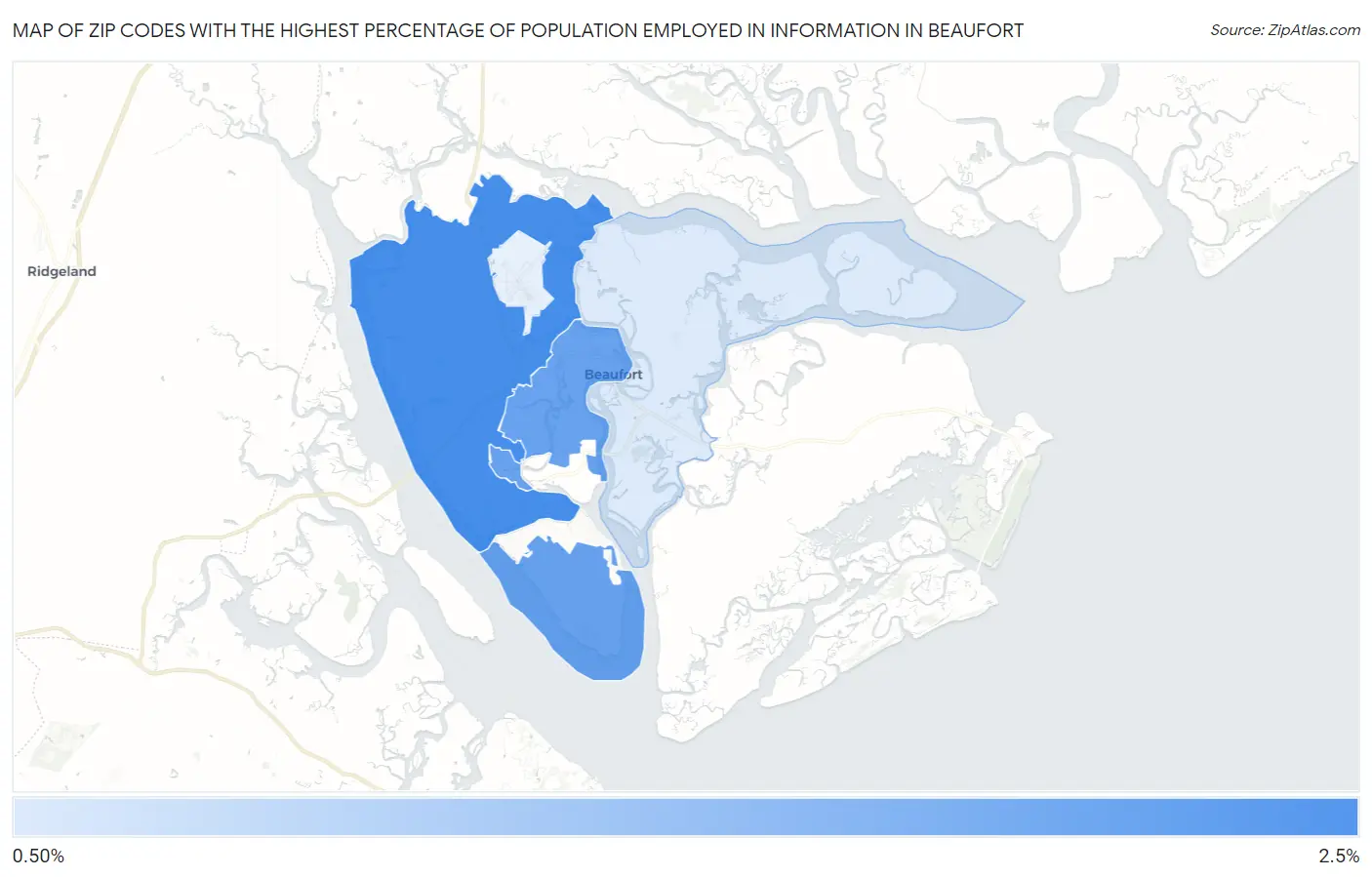 Zip Codes with the Highest Percentage of Population Employed in Information in Beaufort Map